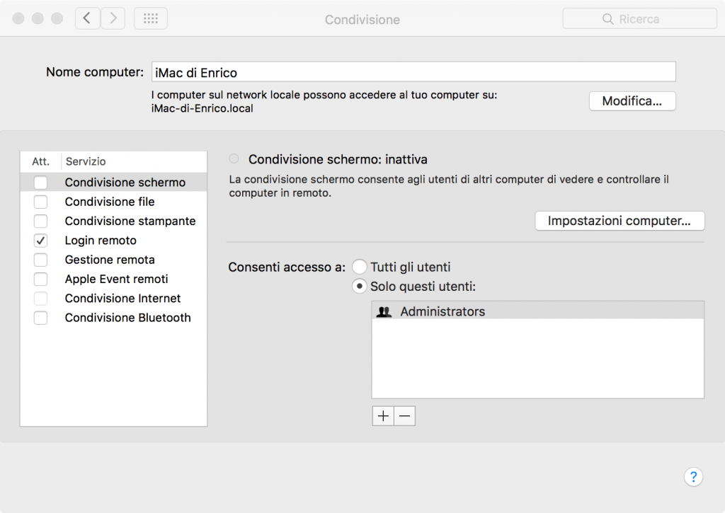 SSH Server su MacOSx