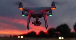 Drone quadricottero in volo al tramonto con le luci di posizione accese e il cielo rosso sullo sfondo
