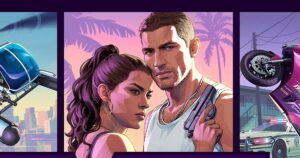 Illustrazione ufficiale di GTA 6 con Jason e Lucia sotto le palme di Vice City, un elicottero e una moto da corsa ai lati