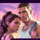 Illustrazione ufficiale di GTA 6 con Jason e Lucia sotto le palme di Vice City, un elicottero e una moto da corsa ai lati