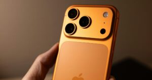 Mano che tiene un iPhone 17 Pro arancione visto da dietro, con il modulo fotografico a tre obiettivi